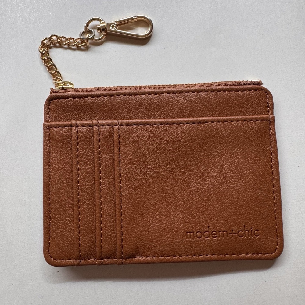 Modern Chic Card Holder Womens Brown Faux Leather Wallet‎ Keychain Zip Coin